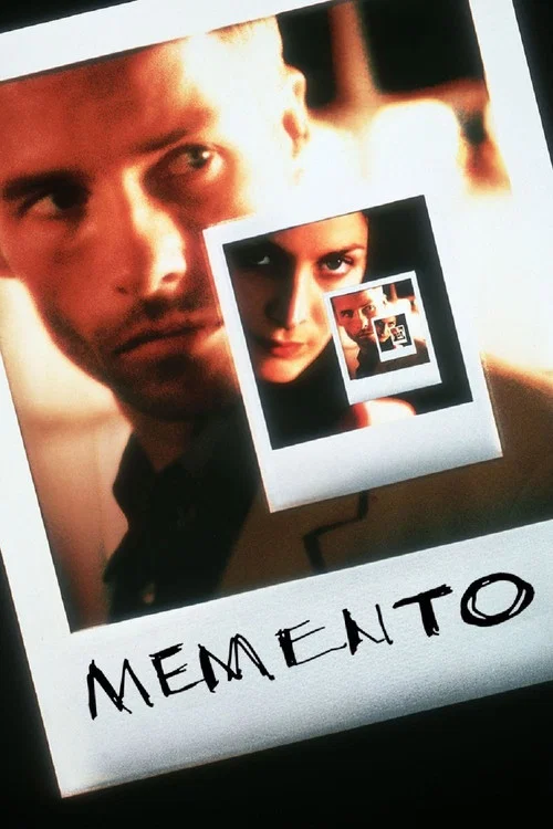 The poster features a man with a contemplative expression against a warm, golden background, while a smaller inset shows a woman holding a photo of herself. The title "Memento" is prominently displayed at the bottom in bold, black letters. The overall mood is mysterious and introspective, with ri...
