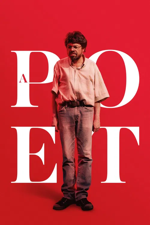 The poster features a man with curly hair and a beard, wearing a light-colored shirt and jeans, standing against a vibrant red background. Large white letters spell "A POET" in bold, stylized font. The mood is mysterious and artistic, suggesting a literary or creative exploration.