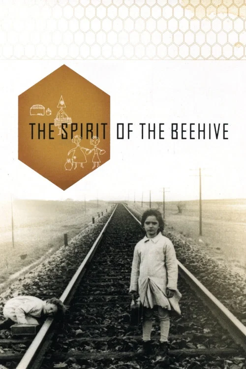 The poster features a lone figure walking down railroad tracks, evoking a sense of isolation and introspection. The muted sepia tones and simple geometric beehive symbolize the film's themes of nature, spirituality, and personal journey.