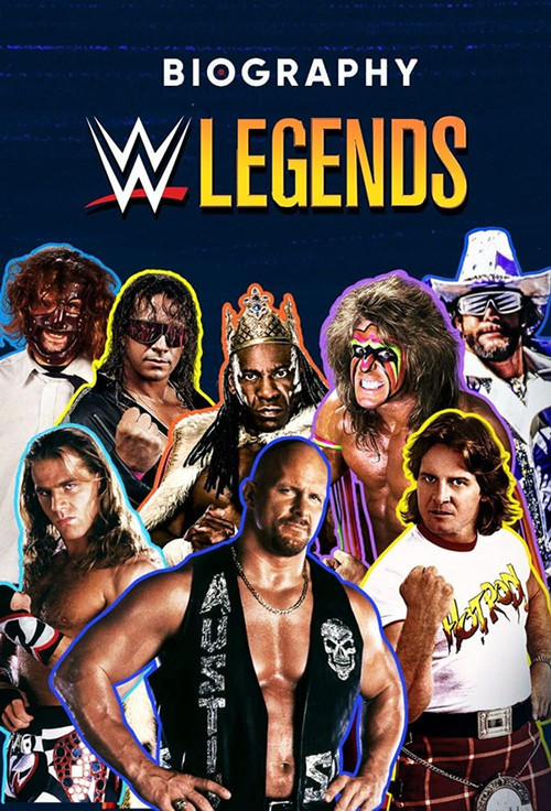 This WWE Legends biography poster features a dynamic collage of iconic wrestlers in vibrant colors against a dark background, capturing the energy and excitement of the wrestling world.