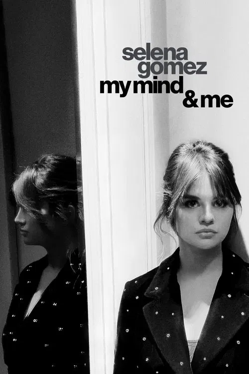 The poster features Selena Gomez with her hands raised to her head, exuding mystery and introspection. The black and white design emphasizes her expressive eyes and the dramatic lighting, creating a moody atmosphere that hints at the emotional depth of the film.