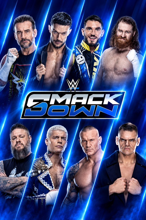 The poster features intense, dramatic poses of WWE wrestlers against a dark blue background with glowing blue lines. The bold, metallic "SMACKDOWN" logo glows with neon light, creating a high-energy, action-packed atmosphere that suggests a thrilling wrestling match.