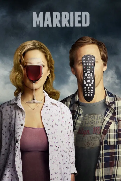 The poster features two characters with their faces obscured by red and black objects, evoking mystery and intrigue. The muted colors of the background and clothing create a somber atmosphere, while the bold white text "MARRIED" at the top hints at a dramatic and possibly tragic storyline.