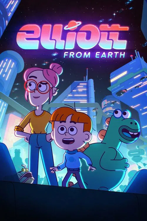 This vibrant TV poster features three animated characters against a futuristic cityscape backdrop. The characters exude a playful and adventurous mood, with warm colors like orange and blue contrasting against the cool blue tones of the city. The title "Elliott from Earth" is prominently displaye...