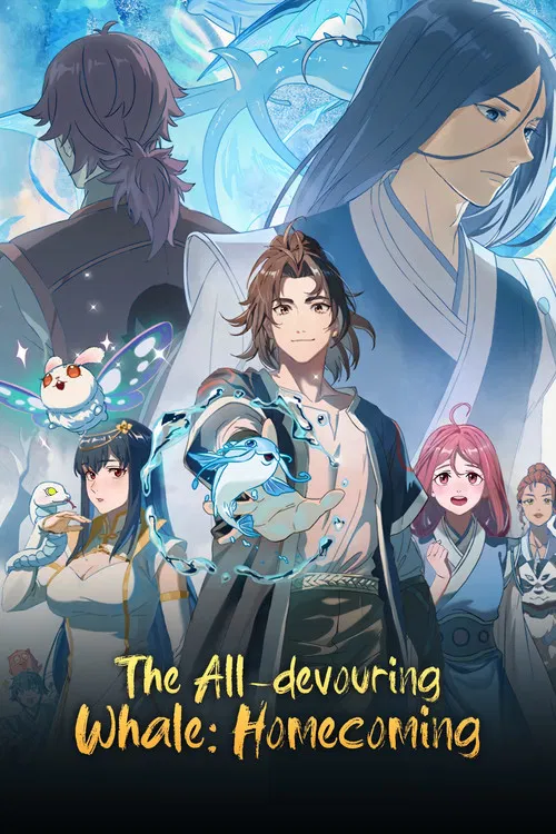 The poster features a group of animated characters in a dreamy, ethereal setting with soft blues and purples. The central figure stands prominently, while others float around him, creating a sense of wonder and mystery. The title at the bottom hints at an adventurous tale about a whale's journey.