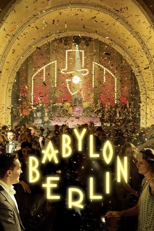 The poster features a grand, golden archway filled with people, creating a bustling atmosphere. Neon signs glow brightly against the warm, golden tones of the background. The mood is lively and energetic, capturing the essence of a vibrant city scene.