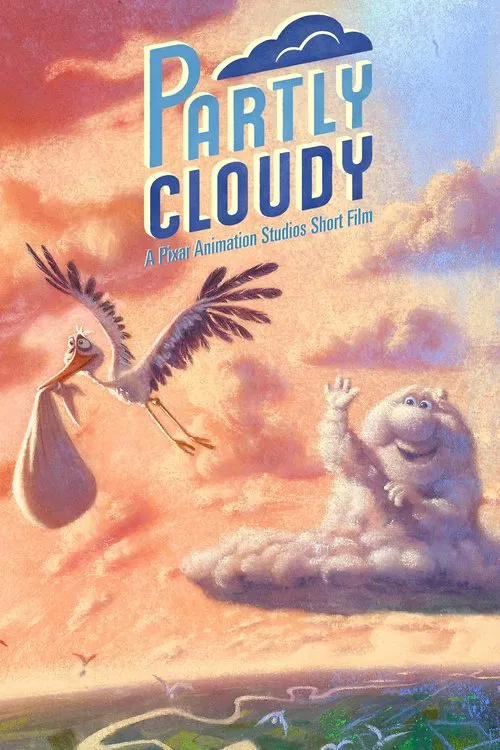 The poster features a whimsical scene with a fluffy cloud character and a bird flying through a vibrant sky filled with warm oranges and blues. The playful, dreamy atmosphere evokes a sense of wonder and fun, capturing the essence of a children's adventure movie.
