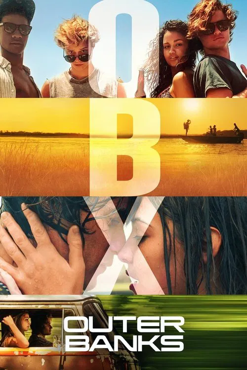 The poster features a vibrant collage of characters in a sunny beach setting, with warm golden hues and playful fonts. The mood is energetic and adventurous, capturing the essence of the show's action-packed narrative.