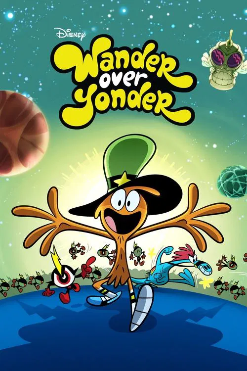 This vibrant poster features a cheerful, anthropomorphic tree character in a whimsical green hat, surrounded by colorful elements like a basketball, a spaceship, and a planet. The bright green sky and playful design evoke a joyful, adventurous mood, capturing the essence of a magical journey.