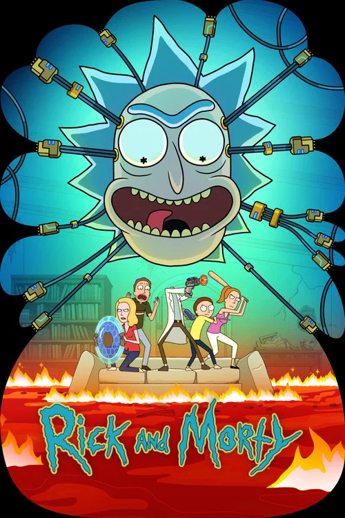 This vibrant poster features three animated characters in a cosmic setting, with Rick and Morty glowing in a green vortex. The scene exudes a whimsical and adventurous mood, capturing the show's playful and fantastical tone.
