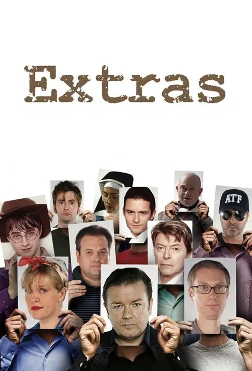 The poster features a collage of diverse characters against a stark white background, evoking a mysterious and slightly eerie atmosphere. The characters are arranged in a grid-like fashion, with some holding photo frames that suggest a sense of discovery or revelation. The muted, earthy tones of ...