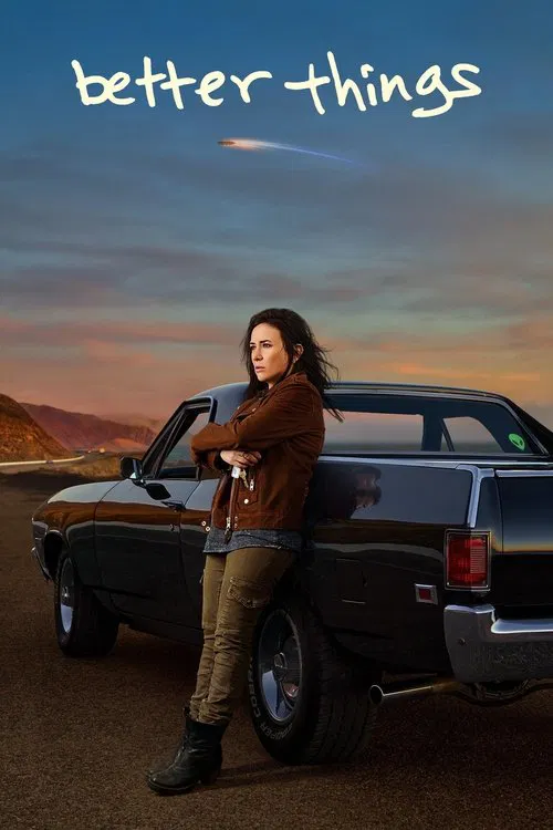 The poster features a woman leaning against a classic black car, with the title "Better Things" in elegant white script at the top. The warm sunset hues blend with the soft, golden light, creating a nostalgic and serene mood.