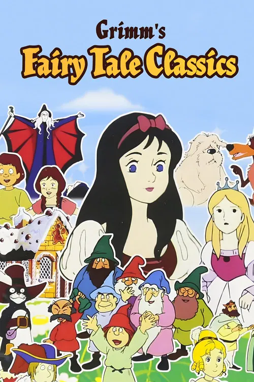 This whimsical poster depicts a vibrant fantasy scene with fairy characters in colorful dresses and costumes, set against a picturesque castle backdrop. The warm, golden hues evoke a magical atmosphere, while the playful composition captures the enchanting spirit of "Grimm's Fairy Tale Classics."