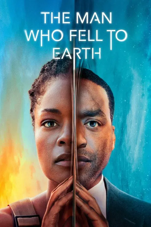 The poster features a man with a serious expression, his face split down the middle by a vertical line. The background is a vibrant blue with warm orange flames on the left side, creating a dramatic and intense atmosphere. The title "The Man Who Fell to Earth" is prominently displayed at the top ...