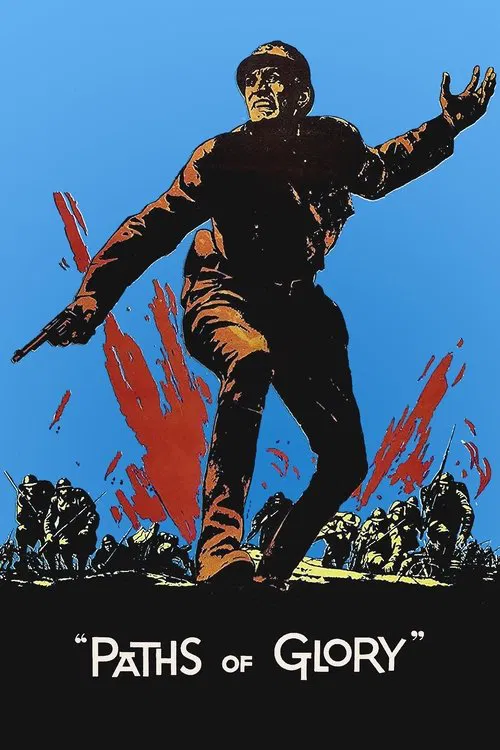 The poster features a somber, close-up portrait of a soldier in a military uniform, with a dark, gritty texture suggesting war. The muted tones and shadowed expression convey a melancholic, reflective mood. The title "Paths of Glory" is prominently displayed in bold, white text, emphasizing the f...