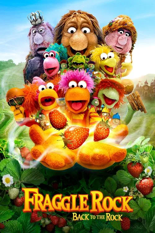 The poster features a vibrant group of colorful characters from the animated series "Fraggle Rock," including a princess, a lion, and a chicken, all standing amidst lush greenery and bright sunlight. The cheerful and whimsical mood is enhanced by the playful colors and the inviting atmosphere, su...