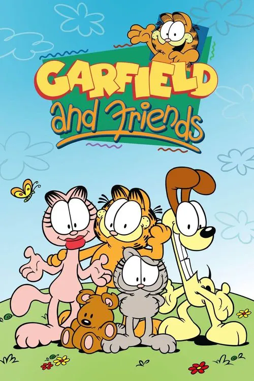 The vibrant poster features Garfield, a yellow tabby cat, and his friends—Cat, a pink cat, a brown dog, and a yellow dog—standing on a green lawn. The cheerful colors and playful expressions convey a lively, friendly mood, capturing the essence of the beloved animated series.