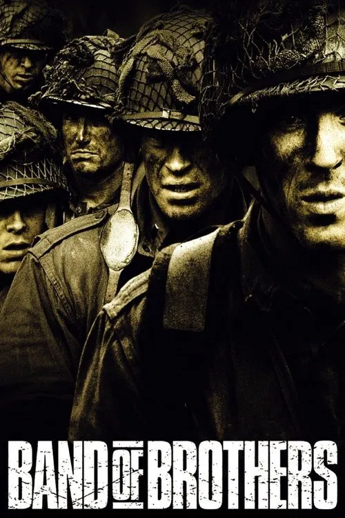 The poster features a dramatic, stormy sky with silhouetted soldiers marching across a dark horizon, evoking a sense of historical tension and solemnity. The bold, distressed title "Band of Brothers" anchors the image, emphasizing the film's intense, gritty narrative.
