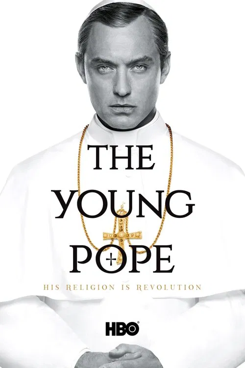 The poster features a solemn black-and-white portrait of a man in a white clerical robe, exuding authority and mystery. The title "The Young Pope" is prominently displayed in bold, elegant typography, with the HBO logo at the bottom. The muted color palette and serious expression convey a sense o...