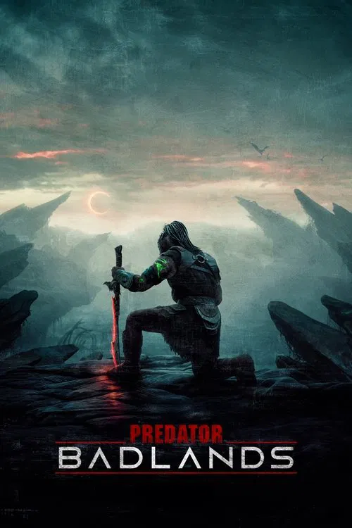 A woman with blonde hair and a large, monstrous figure behind her stands against a dramatic sky. Below, a lone figure walks toward a fiery sunset, evoking a sense of danger and mystery. The poster blends fantasy and horror, with intense colors and a mysterious atmosphere.