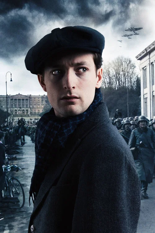 The poster features a man in a beret against a stormy sky, with the bold red "NR 24" text overlaying his shoulders. In the background, a crowd gathers near a building under heavy rain, evoking a gritty, tense atmosphere.