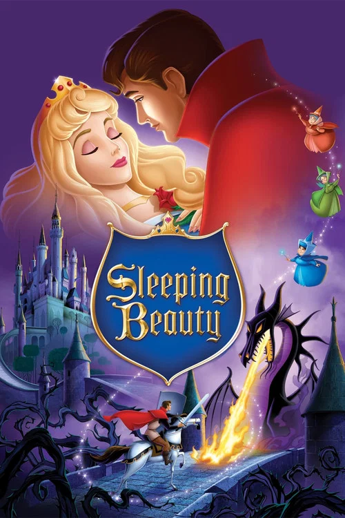This enchanting poster features a romantic couple in a dreamlike setting, with a castle and magical creatures in the background. The warm reds and purples create a magical atmosphere, while the soft lighting enhances the dreamlike quality.