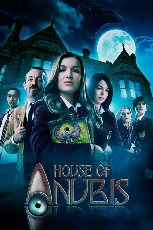 This poster features a mysterious, darkly moody scene with a central figure in a dark coat holding a glowing orb, surrounded by other characters in period costumes. The eerie atmosphere is enhanced by the full moon and ominous castle in the background, creating a spooky and mysterious mood.