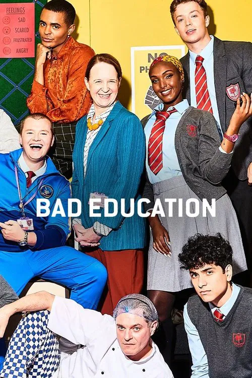 The poster features a vibrant collage of diverse students and adults, with warm tones like oranges, reds, and blues creating a lively atmosphere. The mood is playful yet serious, reflecting the show's exploration of social inequality and class differences.
