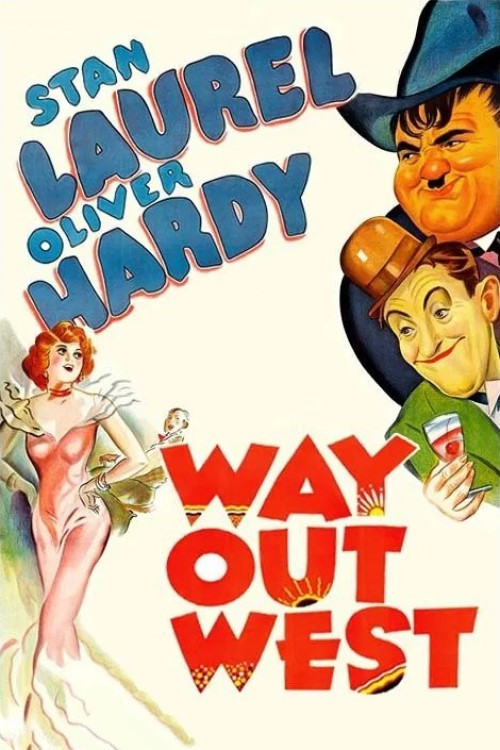 This vintage movie poster features a classic Western scene with a cowboy in a blue hat and a woman in a pink dress, evoking the 1930s era. The bold red and blue colors, along with the playful font, create a nostalgic and adventurous mood.