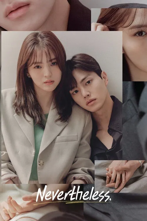The poster features two women in a soft, warm light, with one in a beige blazer and the other in dark clothing. The mood is intimate and reflective, with a gentle, almost nostalgic atmosphere. The title "Nevertheless" is elegantly displayed at the bottom.