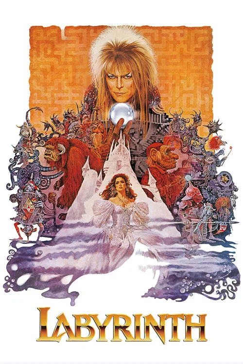 The poster features a dramatic scene with a central figure in a glowing blue crystal sphere, surrounded by dark, mysterious figures. The vibrant blue and purple hues create an eerie, magical atmosphere, while the title "Labyrinth" is prominently displayed at the bottom.