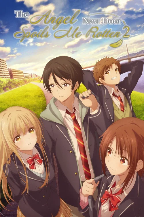 The poster features two anime characters in school uniforms against a bright, dreamy background. The girl with long blonde hair stands on the left, while the boy on the right looks away. The colors are soft and pastel, creating a whimsical and slightly melancholic mood. The title "The Angel Next ...