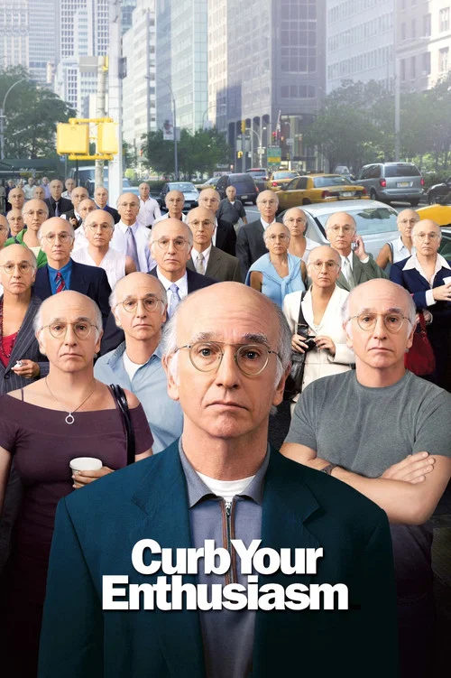 The poster features a man standing on an iceberg in a vast, icy ocean. The bright yellow text "Curb Your Enthusiasm" dominates the top. The mood is humorous and comedic, with the man's exaggerated pose and the dramatic ice scene.