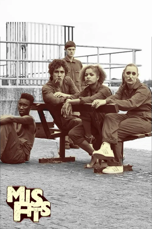 The poster features six characters against a dark background with the title "Misfits" in bold, distressed white letters. Vibrant colors like reds, oranges, and blues create a dynamic contrast, evoking a sense of rebellion and youthful energy. The mood is energetic and rebellious, capturing the es...