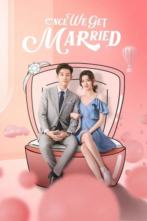 The poster features a couple sitting in a vintage-style pink suitcase, exuding romance and happiness. The warm pink and soft pastel tones create a dreamy, nostalgic atmosphere, while the playful balloon and hot air balloon add whimsical charm.