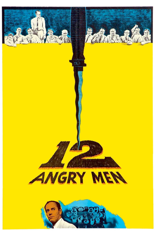 The poster features a lineup of twelve men in suits, with the title "12 Angry Men" prominently displayed in bold red letters. The mood is serious and dramatic, reflecting the film's intense courtroom drama. The men are arranged in a line, suggesting a tense confrontation.