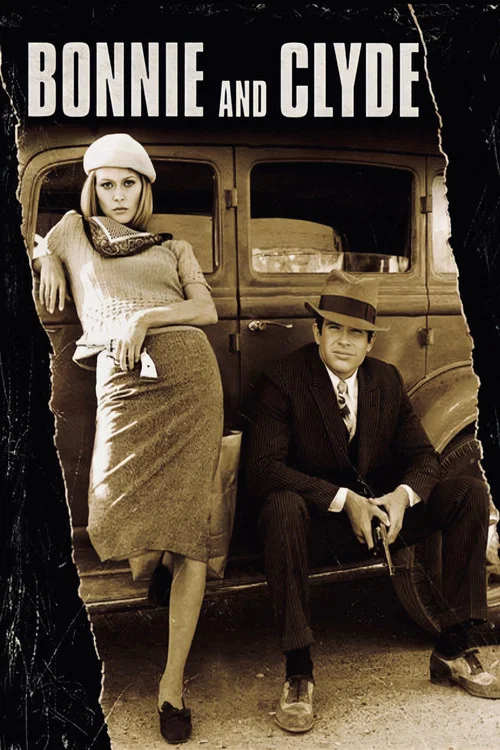 The poster features Bonnie and Clyde in a gritty, urban setting. Bonnie wears a brown hat and dark suit, while Clyde sports a beige hat and orange sweater. The warm tones of their clothing contrast with the muted background, evoking a noir atmosphere.