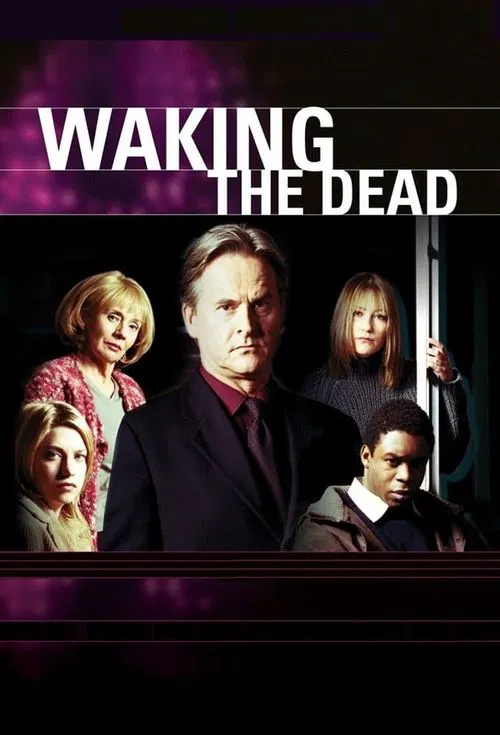 The poster features a group of characters in dramatic poses against a dark, moody background with purple hues. The central figure stands confidently while others look serious or contemplative, creating an intense and suspenseful atmosphere.