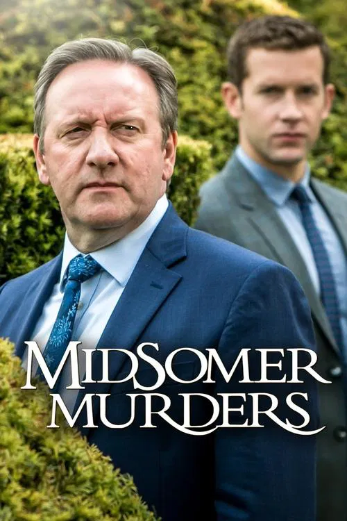 The poster features two men in formal suits against a backdrop of lush greenery, evoking a classic detective atmosphere. The muted tones of their suits contrast with the vibrant greens, creating a sophisticated yet mysterious mood. The title "Midsomer Murders" is prominently displayed in elegant ...