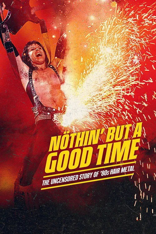 The poster features a muscular man in a red shirt with a fiery explosion behind him, symbolizing the intense energy of the 80s hair metal scene. The vibrant red and orange hues create a dramatic and passionate atmosphere, reflecting the raw emotion of the music. The text highlights the show's unc...