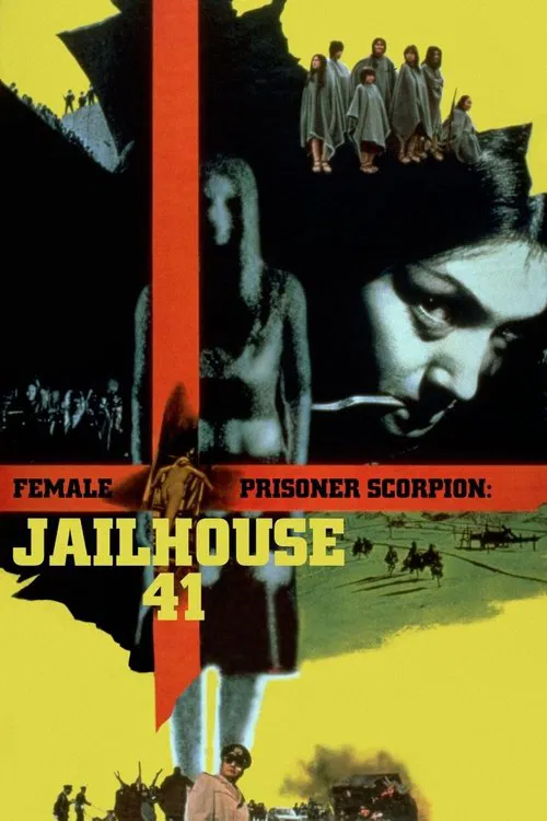 The poster features a striking red vertical line dividing the image, creating a dramatic contrast between the dark, shadowy figures in the background and the bright, vibrant foreground. The colors are intense, with deep blacks, fiery reds, and sunny yellows that evoke a sense of tension and myste...