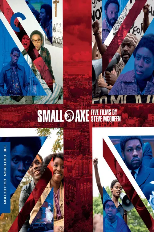 The poster features a striking red and white design with diagonal stripes, creating a dynamic and intense atmosphere. It showcases diverse characters in various emotional states, from hopeful to determined, reflecting the show's exploration of community and resilience. The bold typography and vib...