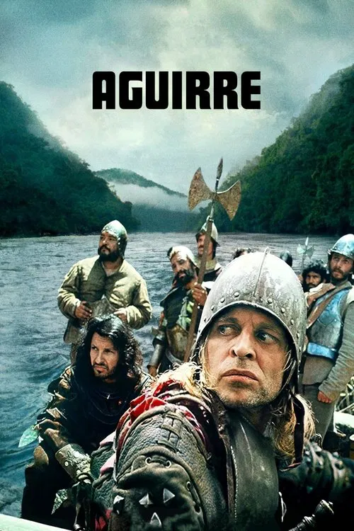 The poster features a group of rugged adventurers in a dramatic, misty landscape. The muted earth tones and somber colors evoke a sense of impending doom and adventure. The central figure's intense gaze and rugged attire suggest a story of survival and courage.