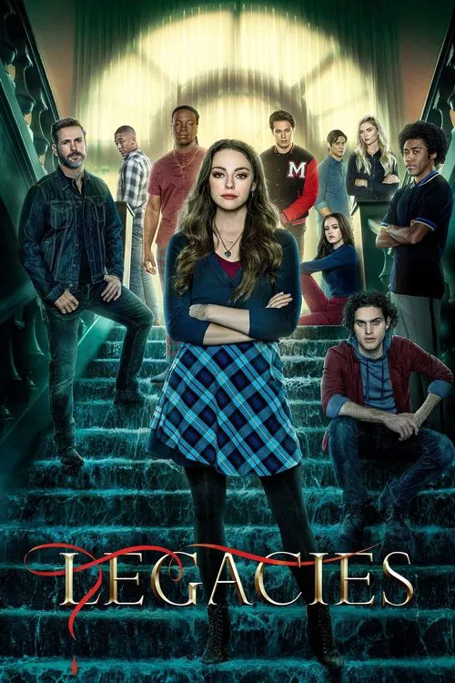 The poster features a dramatic scene with a central woman in a blue plaid dress standing confidently on stone steps, flanked by a man in a dark jacket and a young man in a red shirt. Behind them, a group of characters in varied attire stand in a line, creating a sense of mystery and intrigue. The...