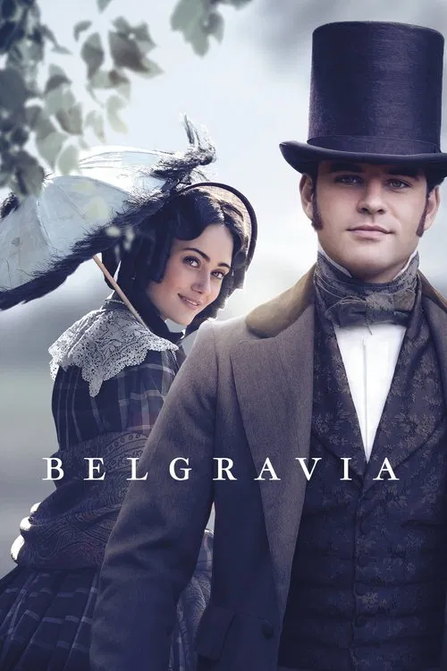 The poster features a glamorous woman in Victorian-era attire with a feathered hat and a man in a top hat, exuding elegance and mystery. The muted tones and soft lighting create a romantic and timeless atmosphere, hinting at a classic drama set in a bygone era.