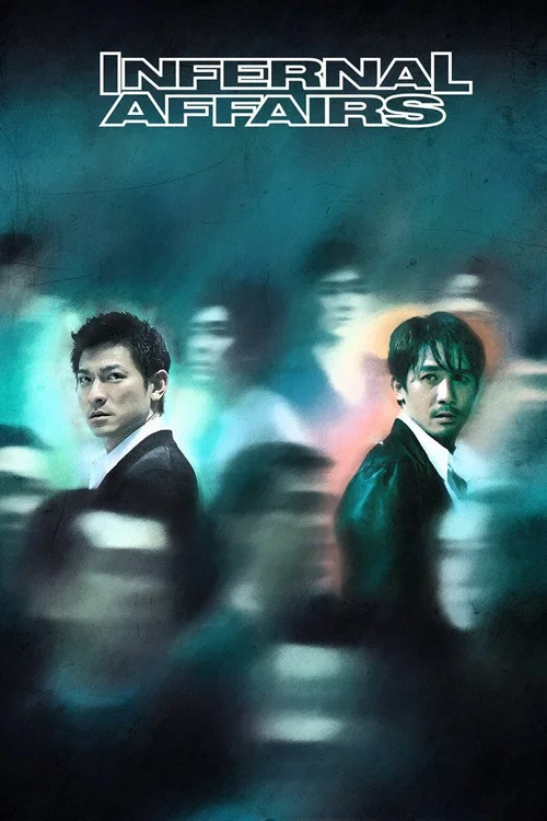 The poster features two men in formal attire against a blurred background of figures, evoking a mysterious and tense atmosphere. The cool blue tones and sharp lines suggest a thriller or crime drama.
