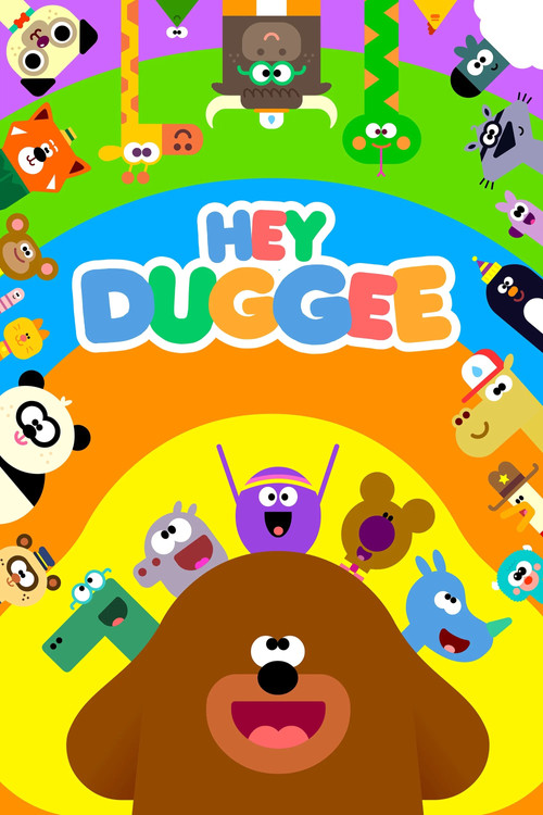 This cheerful TV poster features a friendly brown dog, Duggee, standing proudly in front of a colorful group of children. The bright blue sky and fluffy white clouds add to the playful and welcoming atmosphere. The vibrant colors and cartoon-style design evoke a sense of joy and fun, perfect for ...