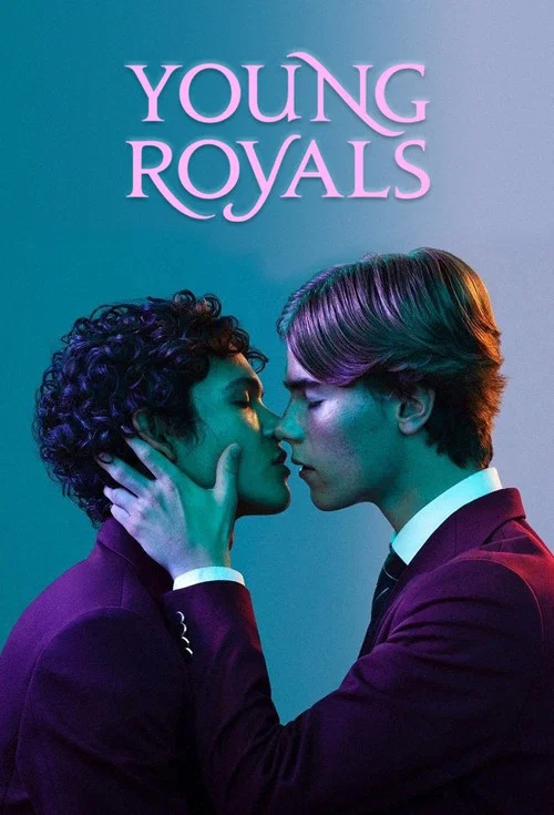 The poster features two young men in red jackets, exuding a sense of youthful energy and camaraderie. The warm red tones of their outfits contrast with the soft blue sky, creating a vibrant and inviting atmosphere. The text "Young Royals" is prominently displayed in bold, white letters, emphasizi...
