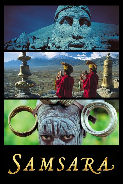The poster features a collage of iconic Buddhist imagery: a colossal Buddha head, red-robed monks, and golden rings. The warm tones of gold and red contrast with the cool blue tones of the sky and stone, creating a serene yet mystical atmosphere. The title "SAMSARA" anchors the composition, sugge...