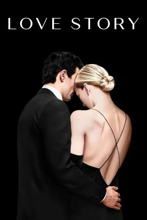 A romantic couple in formal attire embraces against a stark black background, evoking a timeless, dramatic mood. The title "Love Story" anchors the composition, suggesting a narrative of enduring connection.